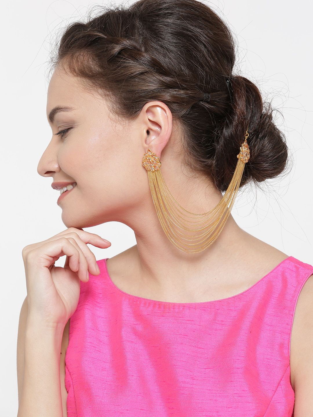 YouBella Gold-Toned Teardrop Shaped Studs with Ear Chains